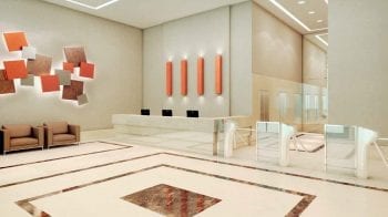 Perspectiva artística do lobby comercial do Mondial Salvador Office