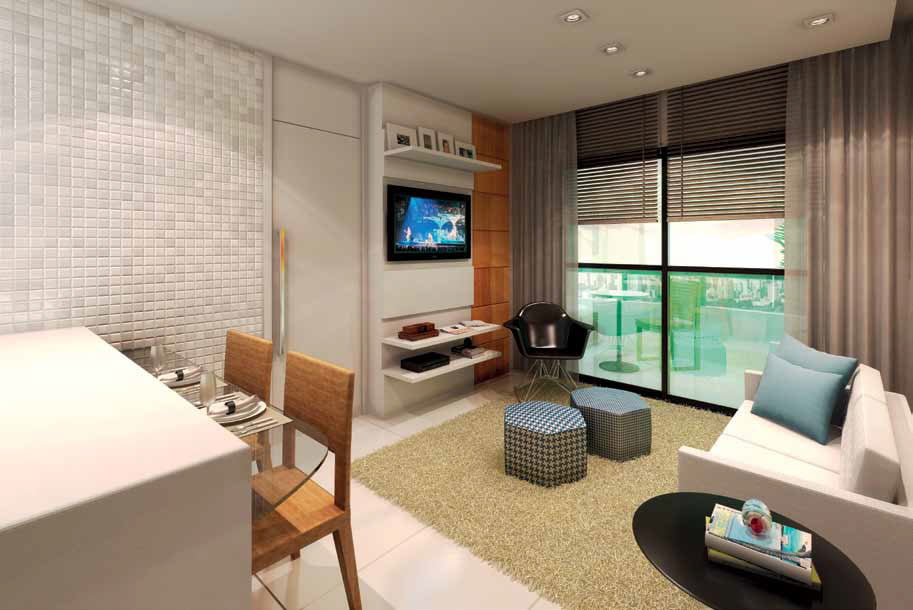 Perspectiva artística do Living residencial – referente ao apartamento de 2 dormitórios do Mondial Salvador Residence