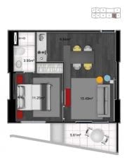 Planta 1 dorm. flat - final 02 (44,02 m2 privativos) - do 1º ao 18º andar