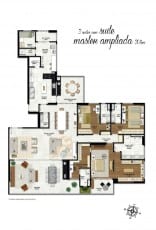 Planta baixa do apartamento com 305m2 e 3 suítes master ampliada na Mansão Bahiano de Tênis, 3 e 4 quartos na Graça