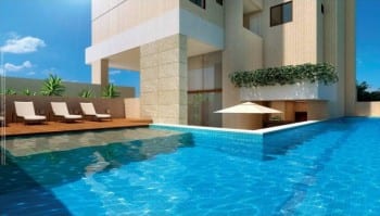 Perspectiva da piscina do Giardino Loreto, apartamentos a venda com 3 e 4 quartos no bairro da Graça em Salvador, Bahia.