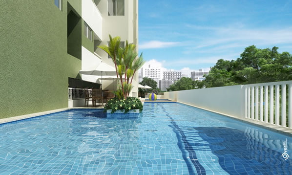 Perspectiva da piscina do empreendimento.
