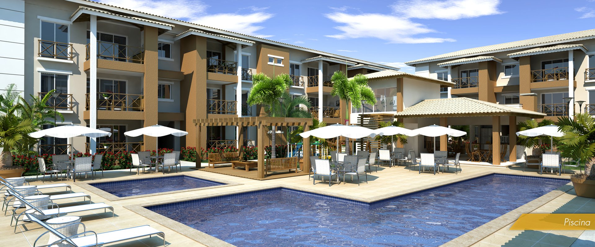Perspectiva da piscina do Reserva Tropical Residencial