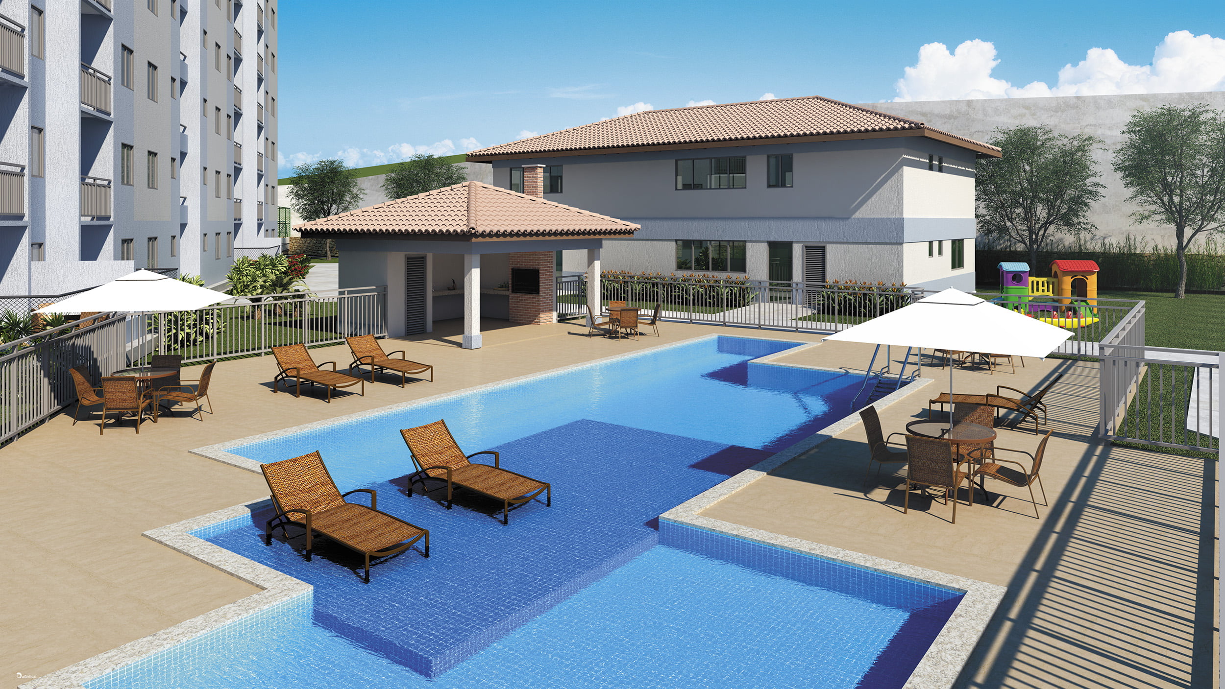Perspectiva da piscina e churrasqueira