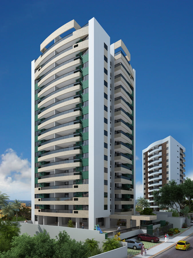 Perspectiva Fachada do Residencial Atlantic House, localizado no bairro de Jardim Armação, em Salvador.