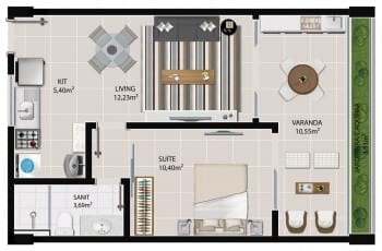 Planta baixa do apartamento 1 quarto de 110 à 1410 do 5.ª Avenida Residence