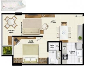 Planta baixa do apartamento de 1 quarto, Tipo C1 com 43,73m² do Ondina Choice Residence