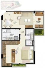 Planta baixa do apartamento de 1 quartos Tipo A com 55,35m² do Ondina Choice Residence