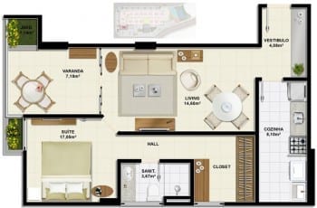 Planta baixa do apartamento de 1 quartos, Tipo B com 56,56m² do Ondina Choice Residence