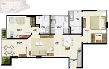 Planta baixa do apartamento 2 quartos Tipo E com 70,69m² do Ondina Choice Residence