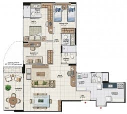 Planta baixa do apartamento 3 quartos com home office da Torre Cezanne, colunas 01 e 04 do Art Residence