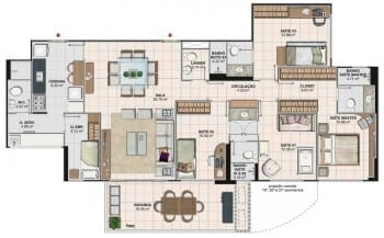 Planta baixa do apartamento 4 quartos com 144,82 M2 da Torre Monet, 1º ao 18º pavimento, colunas 02 e 03 do Art Residence