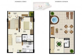 Planta baixa do apartamento cobertura C com 95,07m² do Ondina Choice Residence