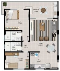 Planta baixa do apartamento 2 quartos de 101 à 1401 com 71,73m² do 5.ª Avenida Residence