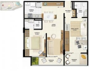 Planta baixa do apartamento de 1 quarto com home office 2 em 1 - 70,27m²