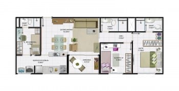 2 quartos com dependência e área útil de 71,30 m² do empreendimento.