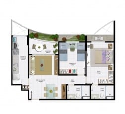 2 quartos com varanda e área útil de 70,10 m² do empreendimento.