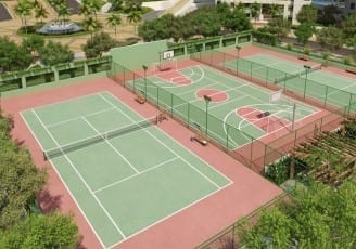 Perspectiva ilustrada das quadras de tênis e poliesportiva