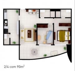 Planta baixa do empreendimento com 90 m² - 2 quartos