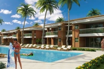 Perspectiva da fachada do apartamento de 3 quartos do condomínio Ponta de Inhambupe, localizado em uma das melhores praias da Bahia, Praia de Baixio.