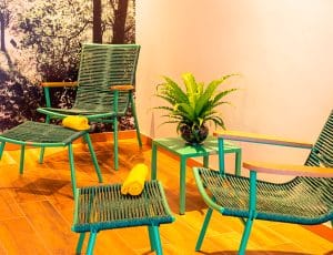 Espaço de repouso vibrante do Paradise Residence com cadeiras de descanso verde-azuladas, almofadas amarelas e uma planta verde frondosa.