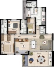 Planta baixa do apartamento tipo 2 quartos com suíte, living ampliado, home theater, lavabo e dependência.