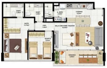 Planta baixa do apartamento de 2 quartos com área privativa de 77,54m² e 2 vagas de garagem.
