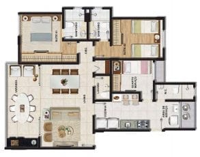 Planta baixa do apartamento tipo 2 quartos (2 suítes) com lavabo e dependência em 95,64m² de área privativa.