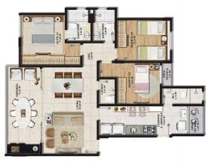 Planta baixa do apartamento tipo 3 quartos (1 suíte) com lavabo em 95,64m² de área privativa.