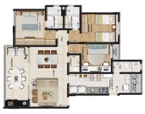 Planta baixa do apartamento tipo 3 quartos (2 suítes) com home office e lavabo em 95,64m² de área privativa.