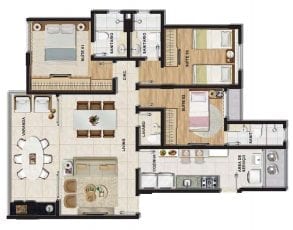 Planta baixa do apartamento tipo 3 quartos (3 suítes) com lavabo em 95,64m² de área privativa.