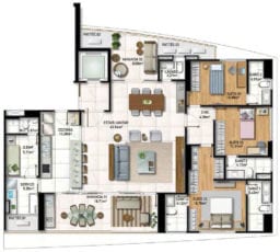 Planta Baixa do apartamento tipo 03 com 3 suítes, living ampliado e cozinha integrada