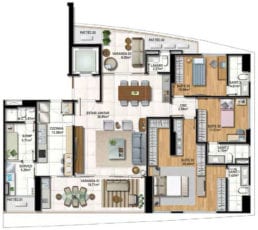 Planta Baixa do apartamento tipo 04 com 3 suítes, living e suite master ampliados