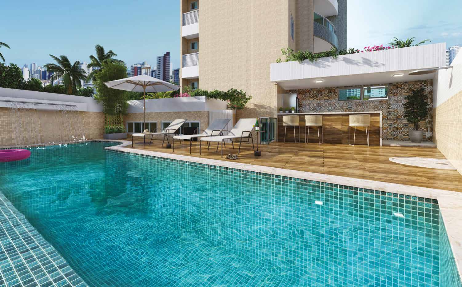 Perspectiva da piscina adulto e infantil com deck e bar do Cenarium Residencial