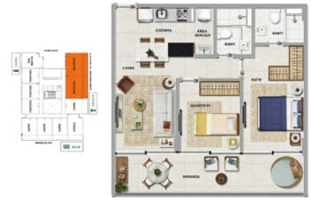 Planta baixa do MALDIVAS - 2 quartos sendo 1 suíte em 66,34 m² de área privativa.