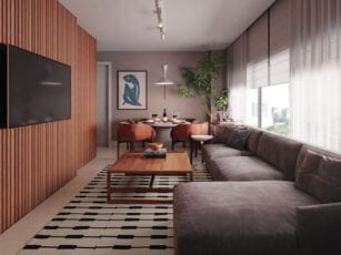 Perspectiva do living do apartamento de 02 suites com decoração Family Versatile do LIFE Imbuí.