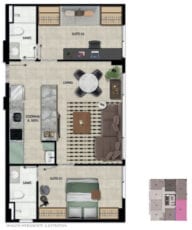 Planta baixa do apartamento 02 suítes com Home Office do 101 ao 1701 com área privativa de 55,31 m².