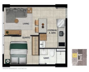 Planta baixa do apartamento 105 ao 1705 com área privativa de 27,98 m².