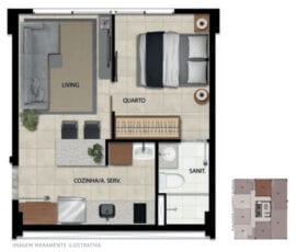 Planta baixa do apartamento 107 ao 1707 com área privativa de 29,60 m2 do Life Imbuí