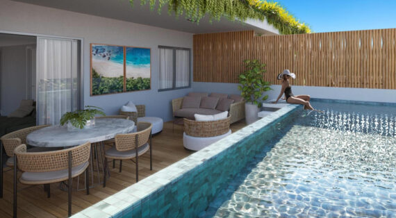 Perspectiva do apartamento tipo 03 quartos com piscina na varanda em 117 m2 do Lanai Imbassaí Residencial.
