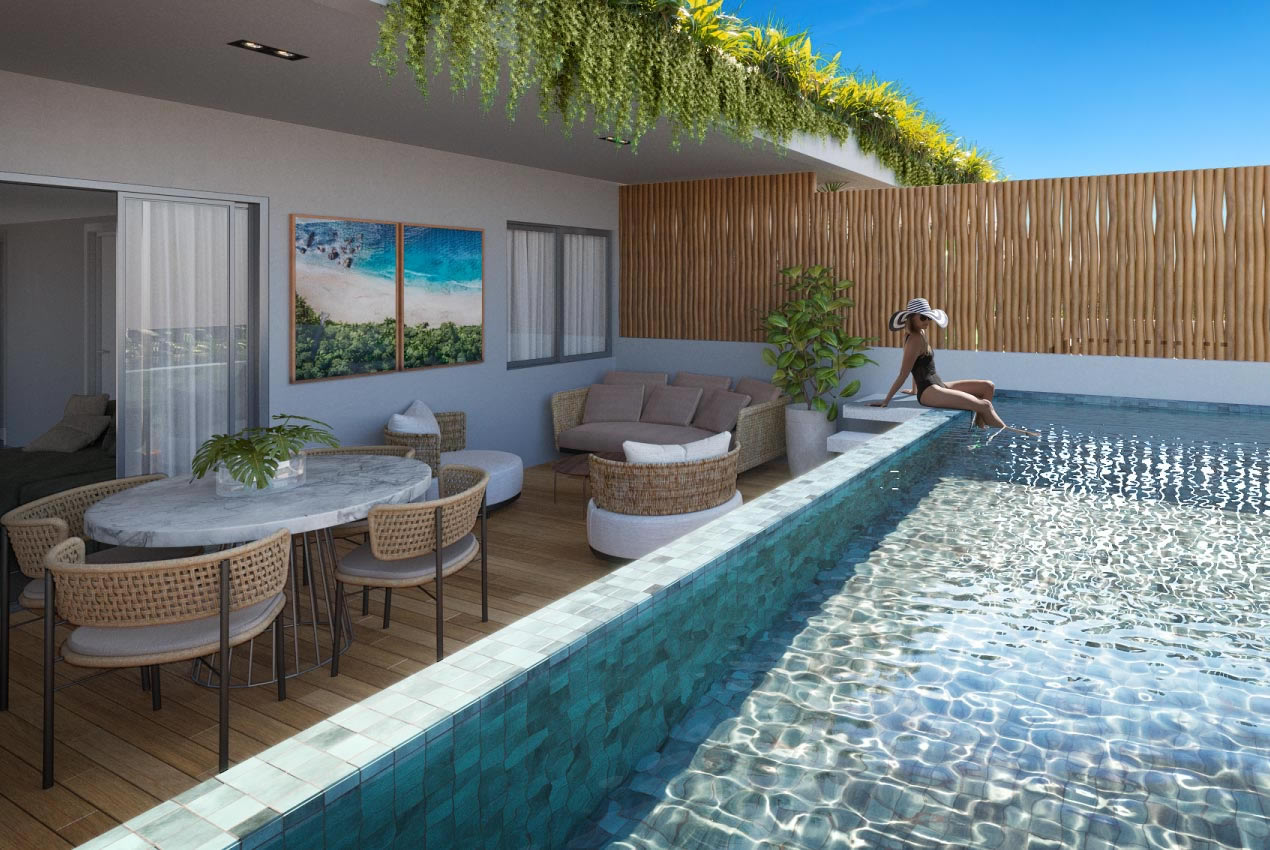 Perspectiva do apartamento tipo 03 quartos com piscina na varanda em 117 m2 do Lanai Imbassaí Residencial.