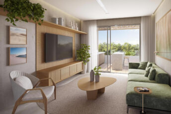 Perspectiva do apartamento tipo 2 suítes de 86,13 a 88,34 m² com varanda gourmet.