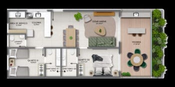 Planta baixa do apartamento tipo 2 suítes com varanda gourmet 86 a 88 m2 do Lanai Imbassaí Residencial.