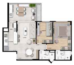 Planta baixa do apartamento tipo 2 quartos com 1 suite e cozinha integrada do MOVE Itaigara