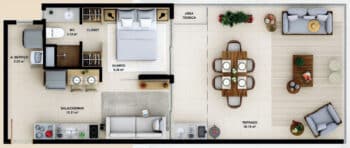 Planta baixa do quarto e sala com terraço gourmet e área de serviço - Tipo D.