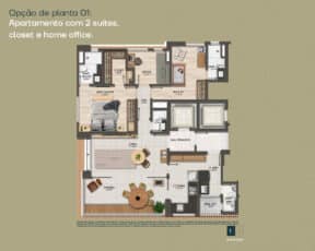 Planta baixa do apartamento 3 suítes de 107 a 116 padrão opção 1 com 2 suítes, closet e home office.