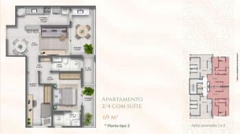 Planta baixa do apartamento 2 quartos com suíte de 69 m².
