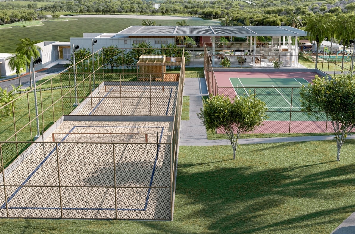 Visão artística da academia e quadras esportivas do Sauípe Lagoa Residence, destacando equipamentos modernos e amplas áreas para atividades físicas.