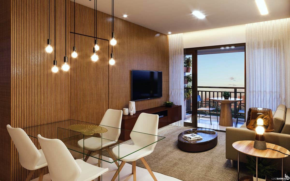 Imagem da sala de estar do PLENO Itaigara, mostrando decoração moderna, amplas janelas e acabamento sofisticado.