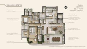 Planta baixa detalhada de um apartamento de 203,91 m² com 3 suítes, destacando amplas áreas, cozinha com ilha gourmet, suíte principal com 2 closets, varanda espaçosa e living ampliado.